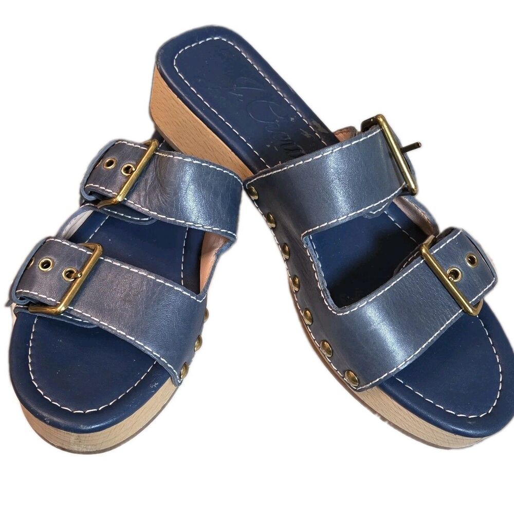 J. Crew Leather Double Buckle Strap Clog Sandals Women's Size 7 Blue Adjustable